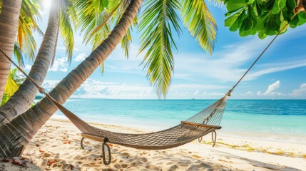 hammock between palm trees with beach view with white sand and turquoise water and blue sky with white clouds background