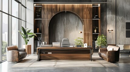Chic office lobby in a 3D render, featuring modern design elements and an arch wood desk centerpiece