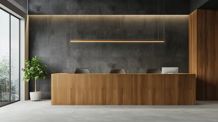 Contemporary office lobby with a minimalist wooden reception desk, clean and inviting