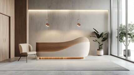 Elegant 3D rendered office lobby showcasing a modern aesthetic with a stylish arch wood desk