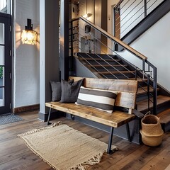 Elegant and inviting office waiting room in a loft, with a modern staircase and a rustic bench for seating