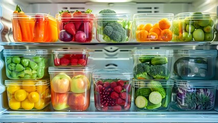 Organized fridge with colorful containers of fruits and veggies for meal prep. Concept Meal Prep, Organized Fridge, Colorful Containers, Healthy Eating, Fruits and Veggies