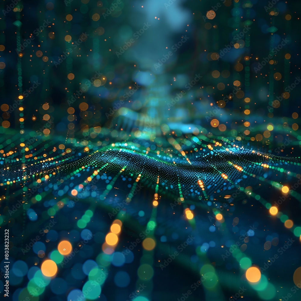 Poster dynamic 3d visualization of digital data flow in blue and green