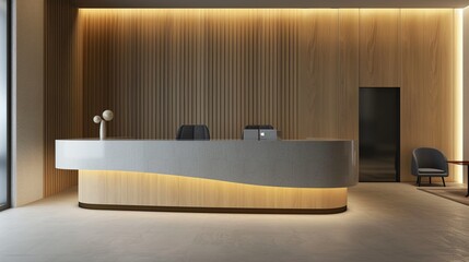 Modern hotel lobby with a streamlined reception desk, reflecting a minimalist approach to interior design