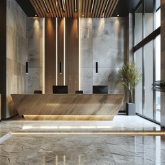 Modern interior design shines in this office lobby, with a clean, minimal reception desk