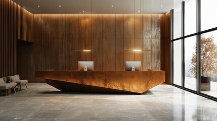 Opulent reception desk in a contemporary office lobby, a hallmark of modern interior design