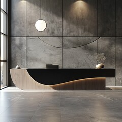 Sleek modern office lobby featuring a minimalist reception desk, epitome of modern interior design