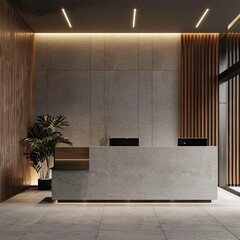 Sleek modern office lobby featuring a minimalist reception desk, epitome of modern interior design