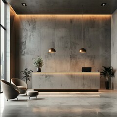 Sleek modern office lobby featuring a minimalist reception desk, epitome of modern interior design