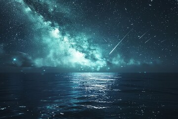 Detailed stock image of a meteor shower illuminating the sky above a calm ocean, capturing the spectacle of celestial events