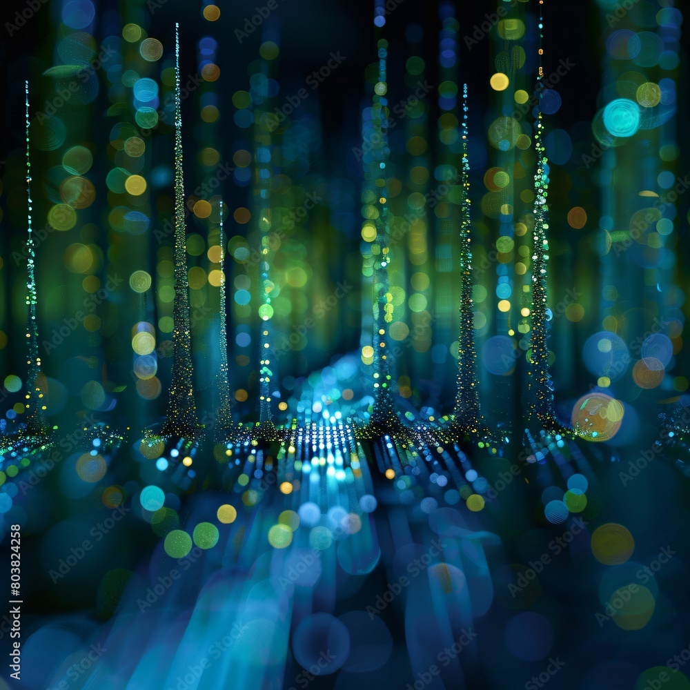 Poster blue and green digital technology: 3d visualization of data streams