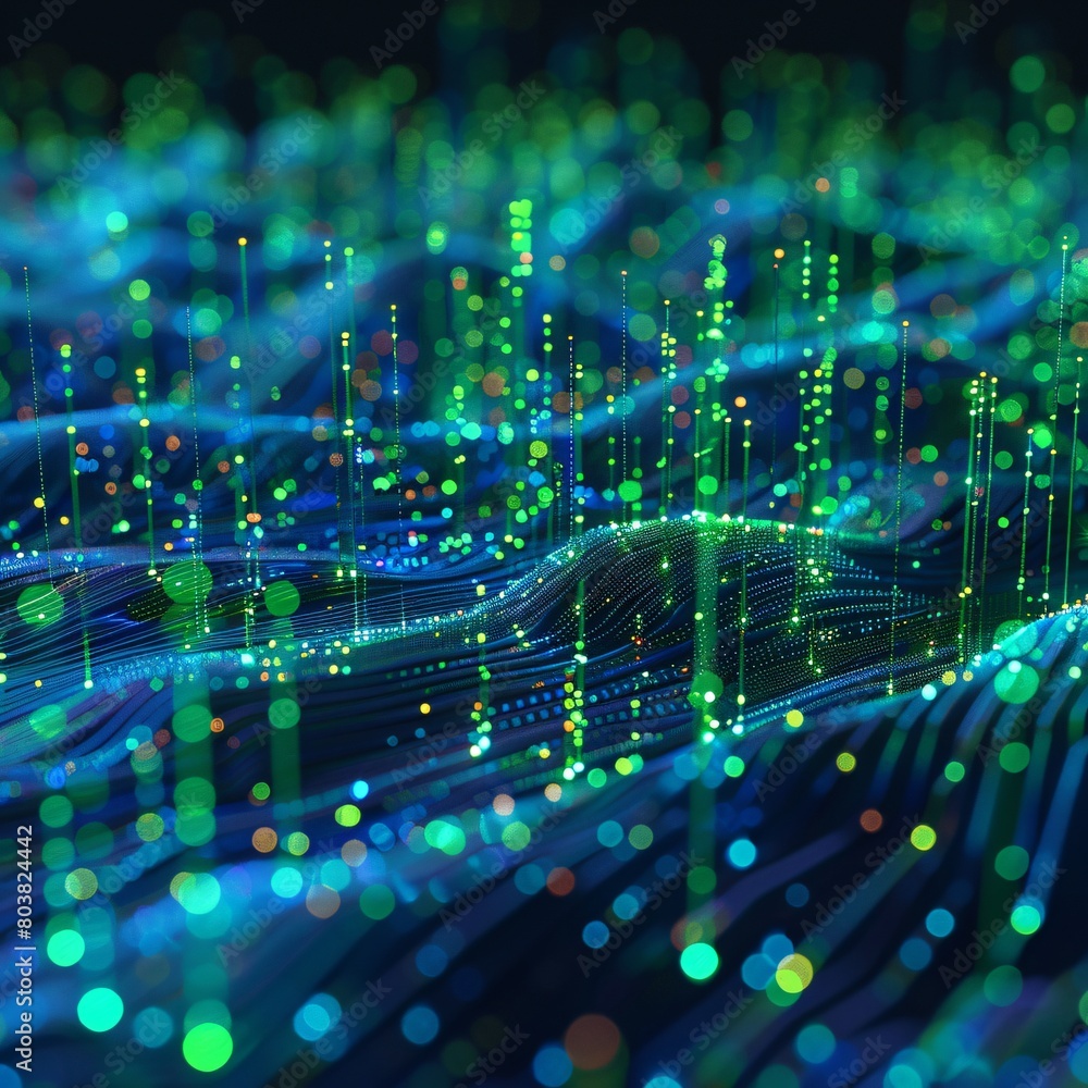 Poster blue and green data streams in 3d: visualization of tech flow