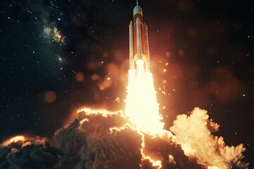 Dramatic stock photo of a rocket launch, fiery engines propelling it into the night sky, symbolizing the start of a space mission