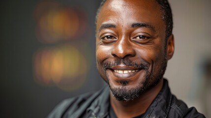 Close-up portrait of a smiling African American man with a warmly lit bokeh background enhancing his cheerful expression. - Powered by Adobe