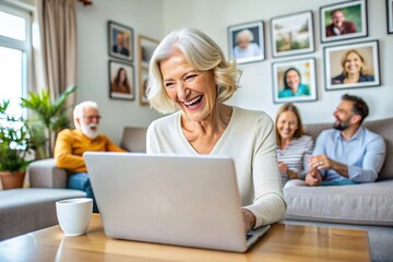 laughing mature woman enjoy on line talk with family living abroad using laptop and videoconference application look at screen share happy 