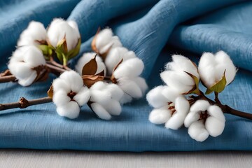 Cotton blooms with fluffy white wool in close-up, a natural textile and fashion concept, with a background of blue linen fabric.