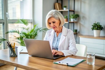 Mature woman therapist working on laptop 