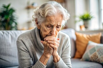 older woman sit on sofa folded palms close up view experiencing stressful situation 