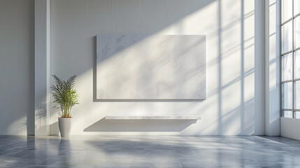 A sunbeam casting a gentle glow on a pristine white wall adorned with a single, elegant piece of modern art.