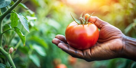 Close up of a farmer hand holding a fresh ripe red tomato on a branch in his hand. - Powered by Adobe
