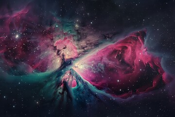Vibrant stock photo of the Orion Nebula, showcasing the nursery of new stars, with gas clouds illuminated in pink and green hues - obrazy, fototapety, plakaty