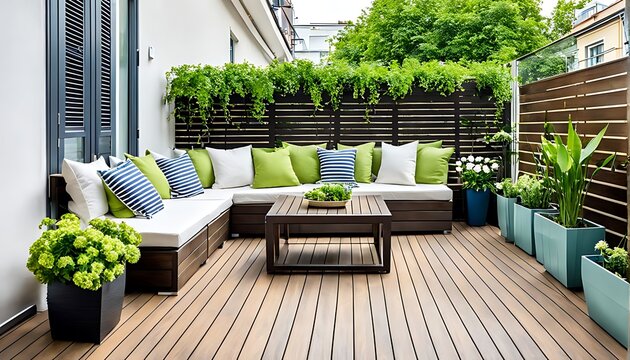  Beautiful of modern terrace with wood deck flooring and fence, green potted flowers plants and outdoors furniture. Cozy relaxing area at home. Sunny stylish balcony terrace in the city 