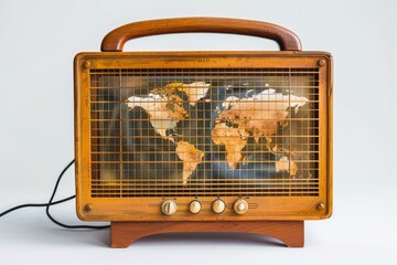 world radio day, antique radio receptor on a world on white background, with a retro effect, creative, concept, social communication advertising, Vintage Radio the receiver musical - generative ai