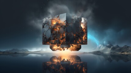 Artistic image of a surreal cube planet where each side hosts a different natural element like water fire earth and air set against a solid grey background suitable for conceptual art or environmental