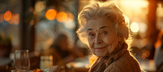 Fototapeta premium An elderly woman is smiling while sitting at a table in a senior living facility, with a group of people having lunch in the background.