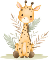 Watercolor Illustration Giraffe and Tropical Leaves © Stella