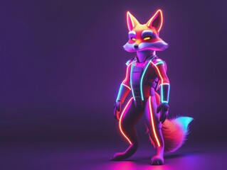 Future 3d standing fox character with colorful glow neon light isolated on dark purple background