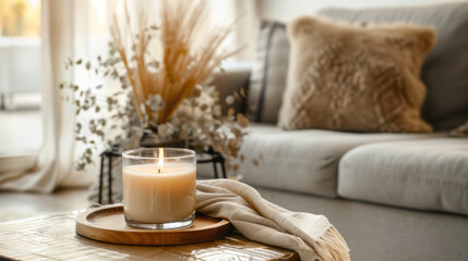 A scented candle in an elegant glass jar is placed on the wooden coffee table near a sofa with beige fabric and grey cushions.