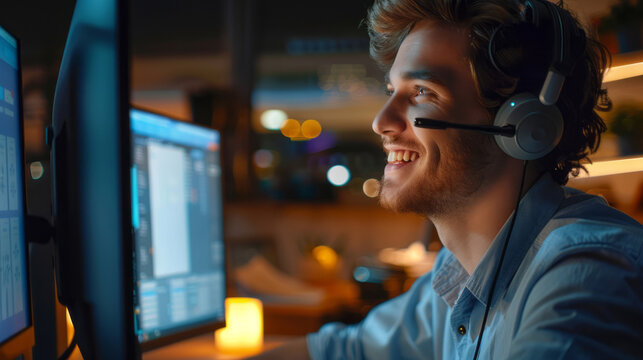 A smiling young man wearing a headset is working at a computer in a night office, providing customer service.
