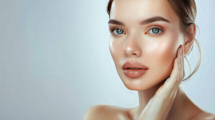 Naklejka premium A woman with clean and healthy skin is posing for a portrait, touching her neck with one hand.