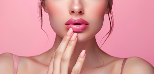 A woman with a perfect manicure is touching her lips against a light pink background, her hands and nails close up.