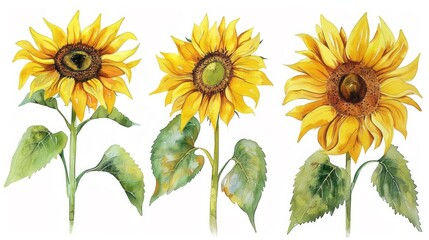 A set of sunflowers as a watercolor clip art illustration with a white background.