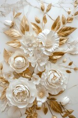 A white background features a floral bouquet decoration with golden leaves and flowers.