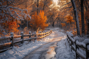 A winding road in the park, covered with white snow and orange leaves on both sides of the path. Created with Ai