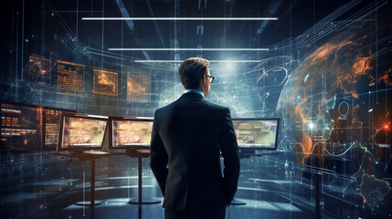 A man in a suit standing in a futuristic control room, looking at a large screen with a map of the world.