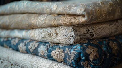 Intricate details and rich textures of vintage fabrics, such as embroidery, highlighting their timeless elegance
