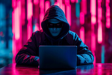 Scary Asian hacker wearing a hood and masked eyes, sitting in a desk with a laptop on a colorful background. 