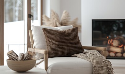 Closeup wooden armchair with white cushion, brown pillow, and knitted fabric in a seat on fireplace background