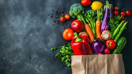 Healthy food delivery background with vegan options in a paper bag. Concept Healthy Food Delivery, Vegan Options, Paper Bag Packaging, Nutritious Meals, Plant-Based Cuisine
