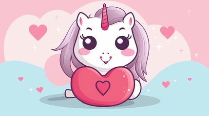 Cute unicorn bag holding love heart cartoon vector icon illustration animal education icon concept