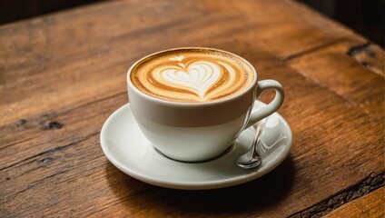 Cup of coffee latte with a heart shape and coffee beans on an old wooden background.
