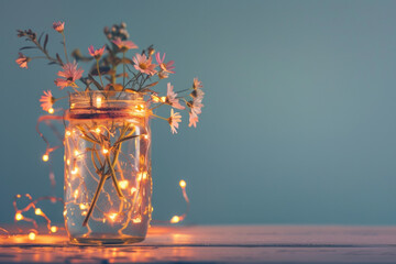 Isolated Mason jar filled with fairy lights and flowers 