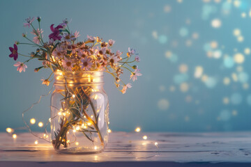 Isolated Mason jar filled with fairy lights and flowers 