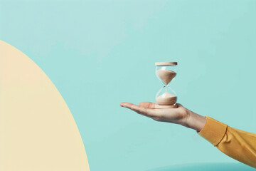 A hand holding an hourglass with sand flowing down, symbolizing the passage of time