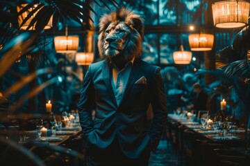 A African Lion in a crisp business suit, standing confidently in a bustling corporate office, surrounded by impressed human colleagues, AI Generative