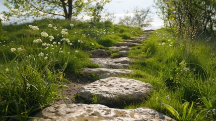 Free photo of a rocky road to the top with green grass around and a clear sky